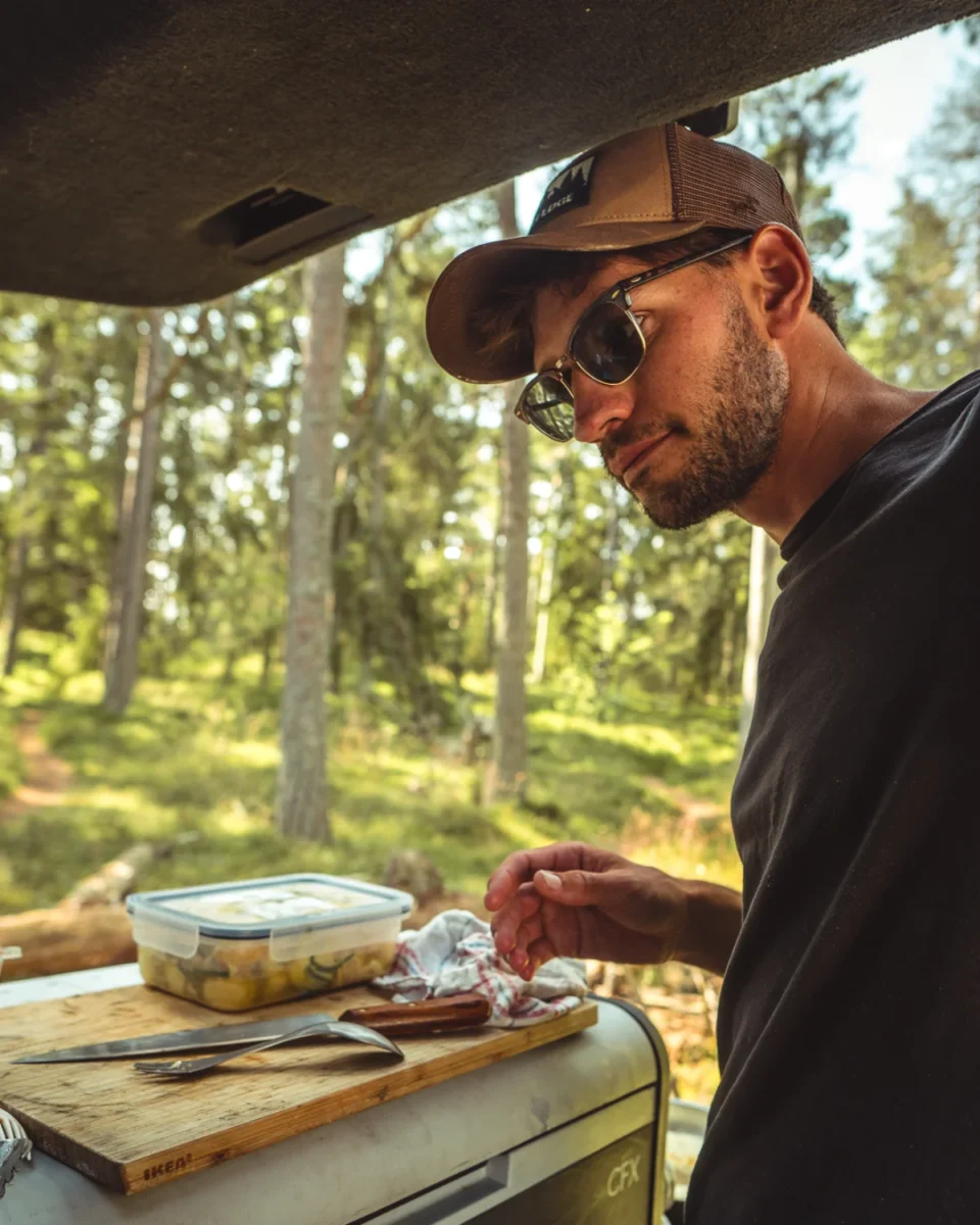 Matlagning med tonfisk i bakluckan på Volvo XC70