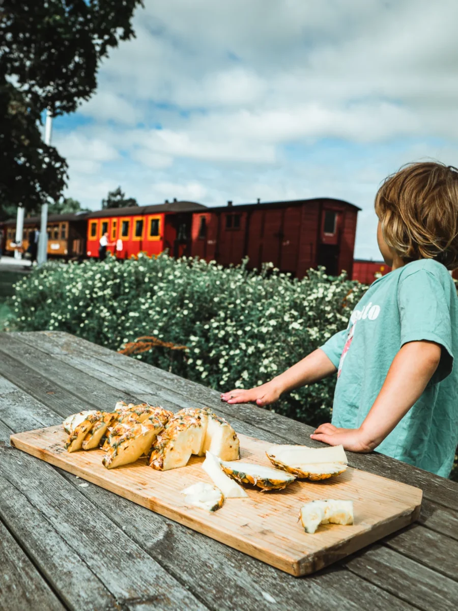 Fruktstund i väntan på tåget vid museijärnvägen i Dalhem