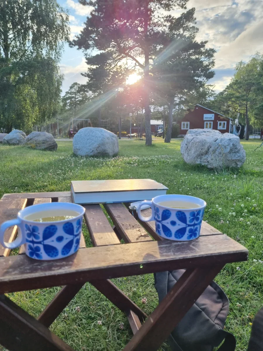 Ett glas vin vid campingstolen när barnen somnat