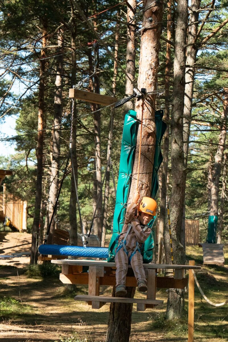 Barn med hjälm i klätterbanan Högt & Lågt bland tallarna på Fårö